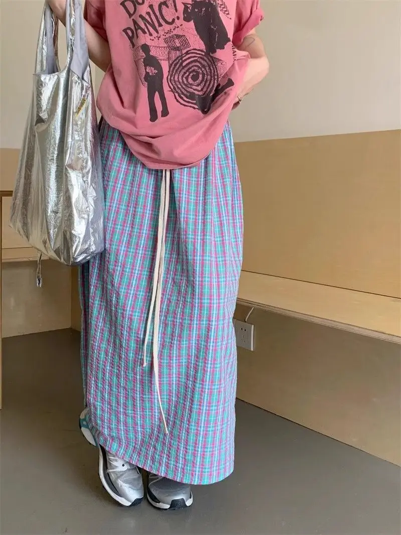 Aoaiiys Casual Skirts Women Plaid Vintage Long Skirt 2026 Fashion Korean High Waist Loose Skirt Summer New Female A-Line Skirts