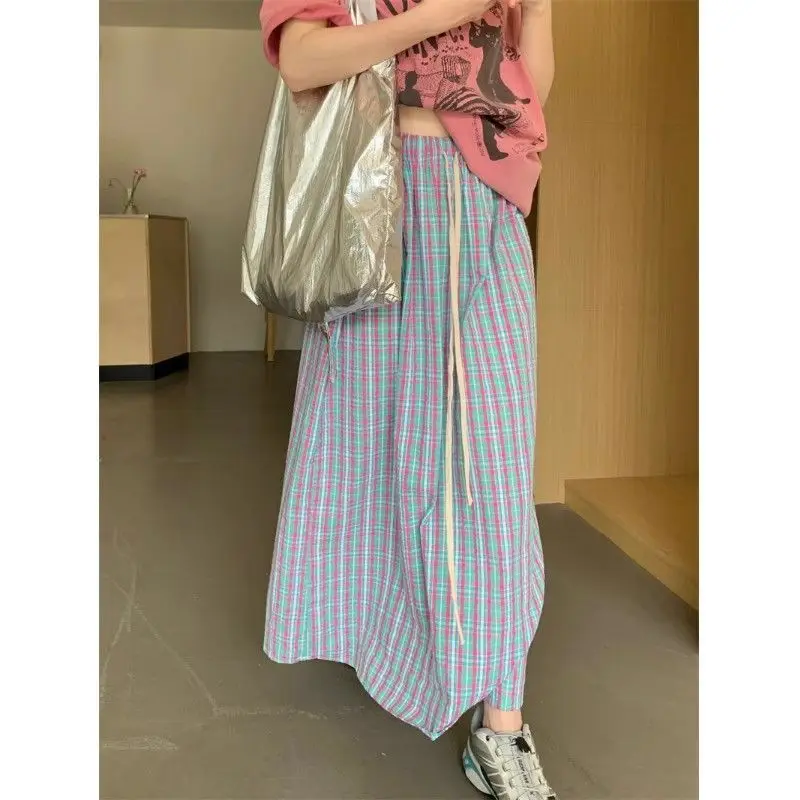 Aoaiiys Casual Skirts Women Plaid Vintage Long Skirt 2026 Fashion Korean High Waist Loose Skirt Summer New Female A-Line Skirts