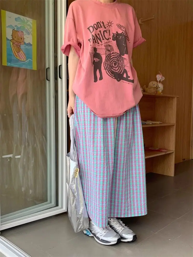 Aoaiiys Casual Skirts Women Plaid Vintage Long Skirt 2026 Fashion Korean High Waist Loose Skirt Summer New Female A-Line Skirts