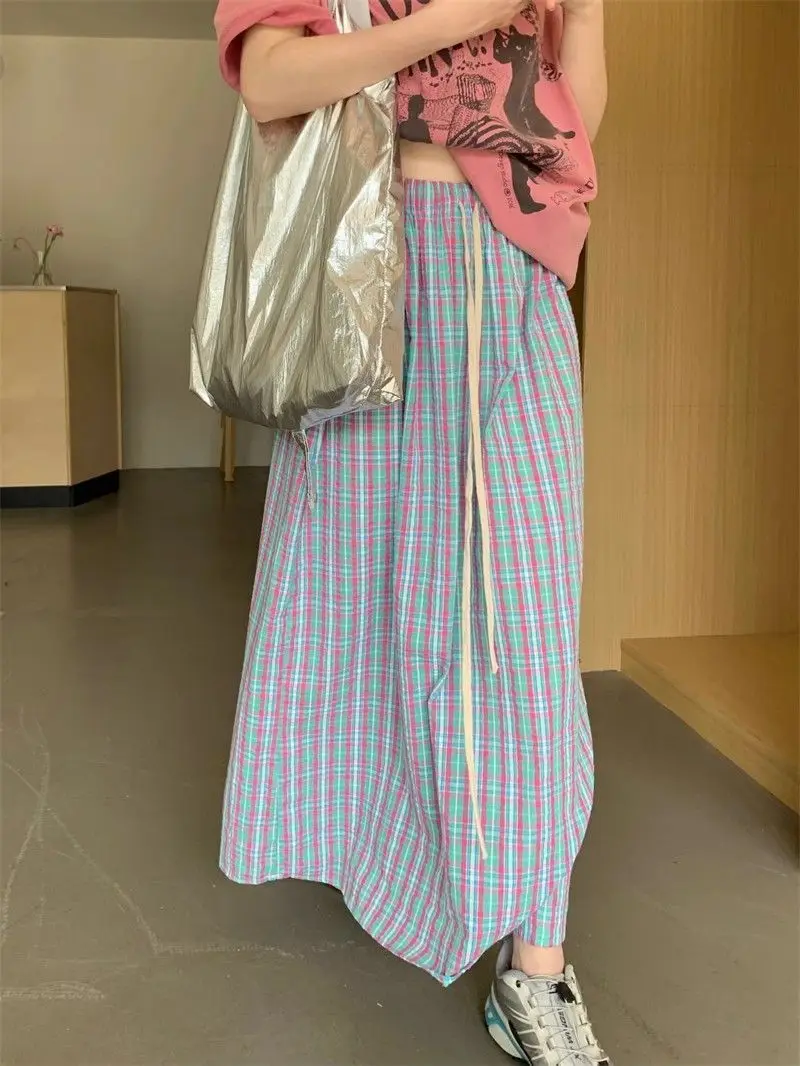 Aoaiiys Casual Skirts Women Plaid Vintage Long Skirt 2026 Fashion Korean High Waist Loose Skirt Summer New Female A-Line Skirts