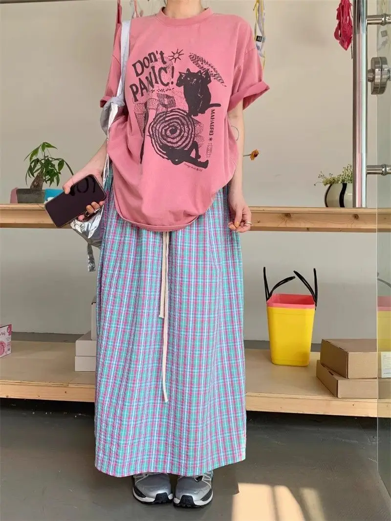 Aoaiiys Casual Skirts Women Plaid Vintage Long Skirt 2026 Fashion Korean High Waist Loose Skirt Summer New Female A-Line Skirts