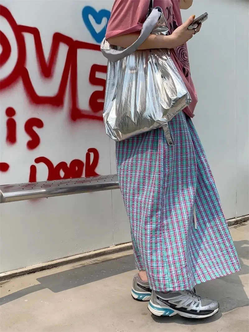 Aoaiiys Casual Skirts Women Plaid Vintage Long Skirt 2026 Fashion Korean High Waist Loose Skirt Summer New Female A-Line Skirts