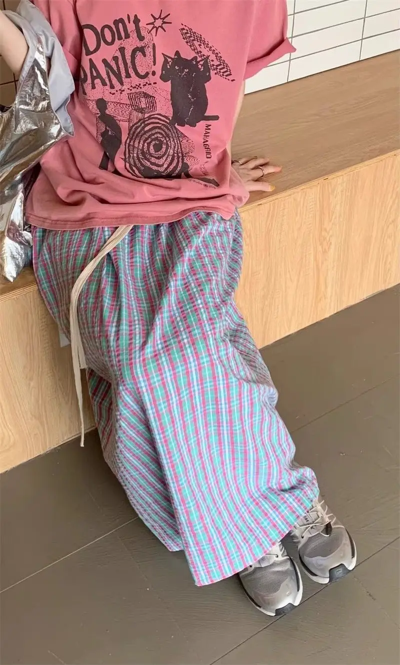 Aoaiiys Casual Skirts Women Plaid Vintage Long Skirt 2026 Fashion Korean High Waist Loose Skirt Summer New Female A-Line Skirts