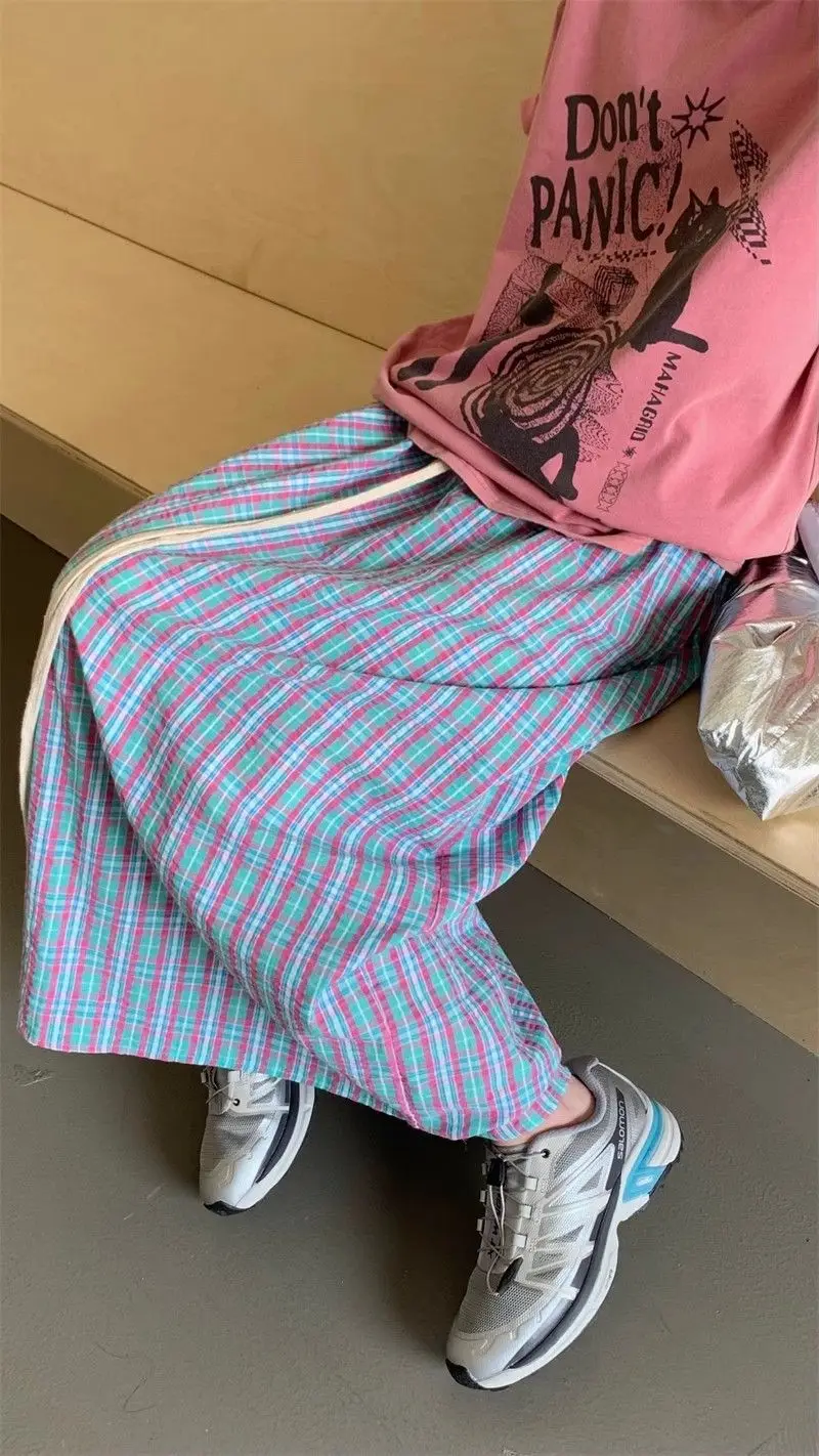 Aoaiiys Casual Skirts Women Plaid Vintage Long Skirt 2026 Fashion Korean High Waist Loose Skirt Summer New Female A-Line Skirts