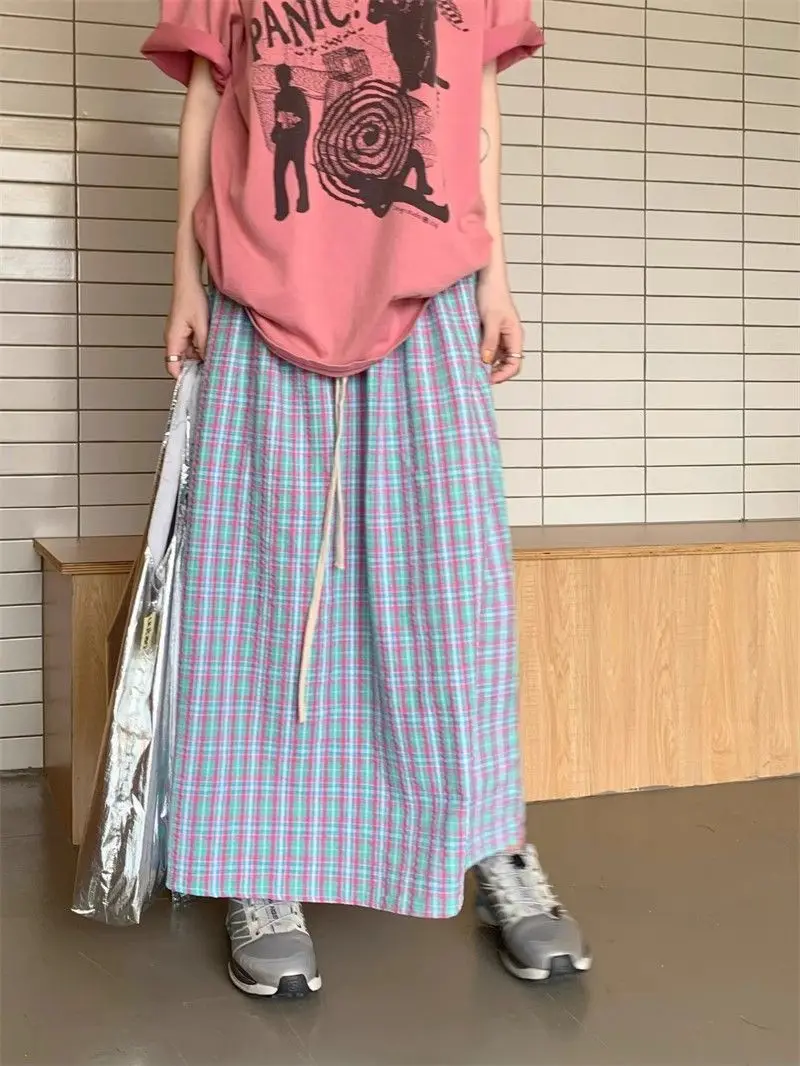 Aoaiiys Casual Skirts Women Plaid Vintage Long Skirt 2026 Fashion Korean High Waist Loose Skirt Summer New Female A-Line Skirts