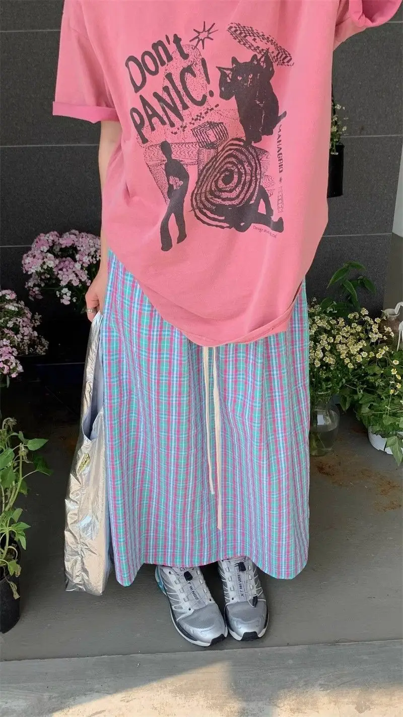 Aoaiiys Casual Skirts Women Plaid Vintage Long Skirt 2026 Fashion Korean High Waist Loose Skirt Summer New Female A-Line Skirts
