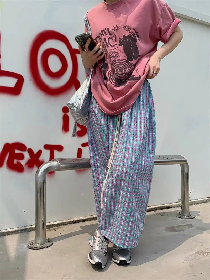 Aoaiiys Casual Skirts Women Plaid Vintage Long Skirt 2026 Fashion Korean High Waist Loose Skirt Summer New Female A-Line Skirts