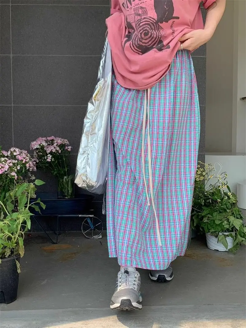 Aoaiiys Casual Skirts Women Plaid Vintage Long Skirt 2026 Fashion Korean High Waist Loose Skirt Summer New Female A-Line Skirts