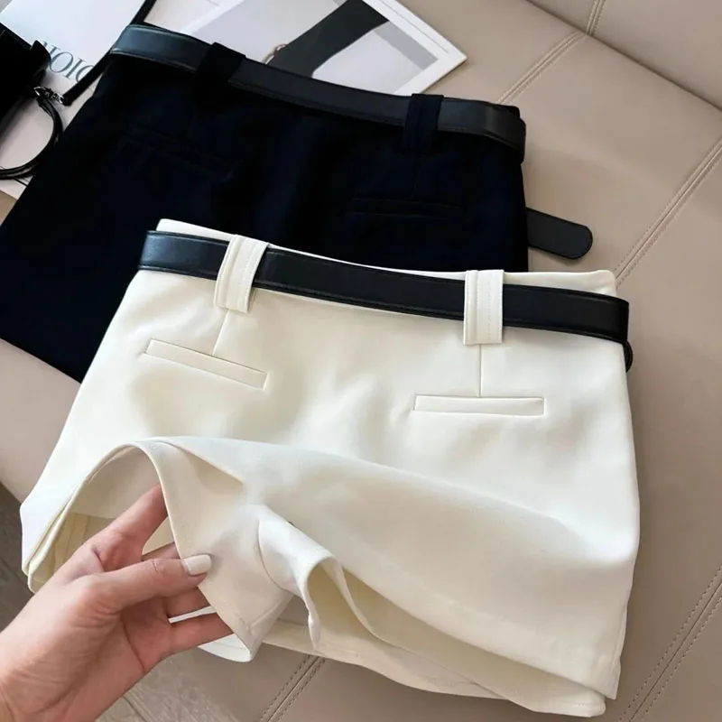 Black White Office Suit Skirts Women Sexy Shorts Mini Skirt Streetwear Ladies Korean Fashion All Match with Belt A Line Skirts