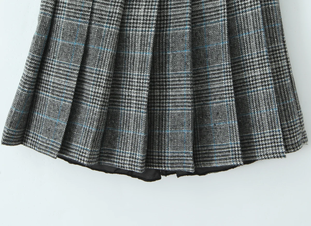 Women Side Zipper Waist Plaid Tweed Mini Pleated Skirt The Spice Girls Ruched Hem A-line Short Skirts with Shorts Lining