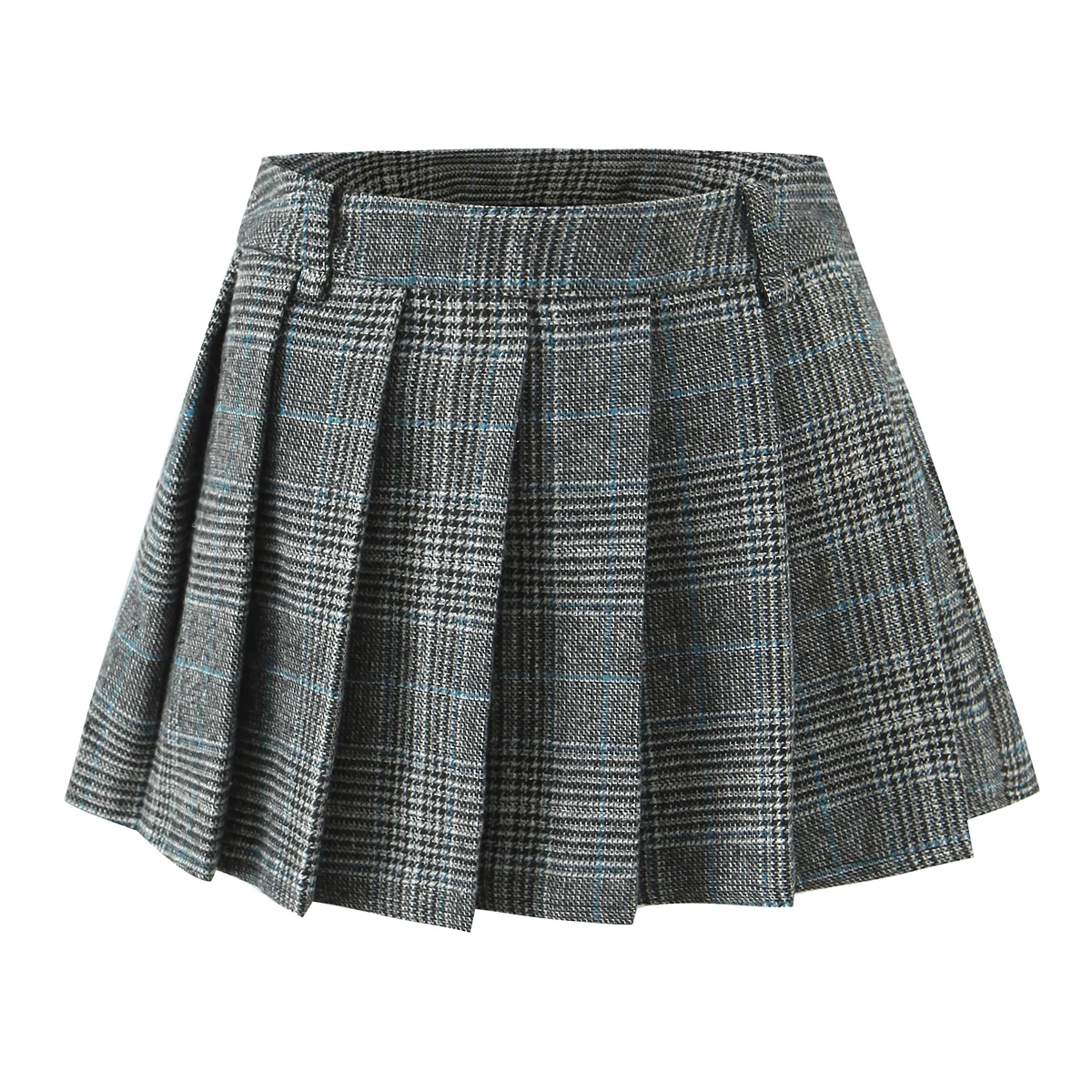 Women Side Zipper Waist Plaid Tweed Mini Pleated Skirt The Spice Girls Ruched Hem A-line Short Skirts with Shorts Lining