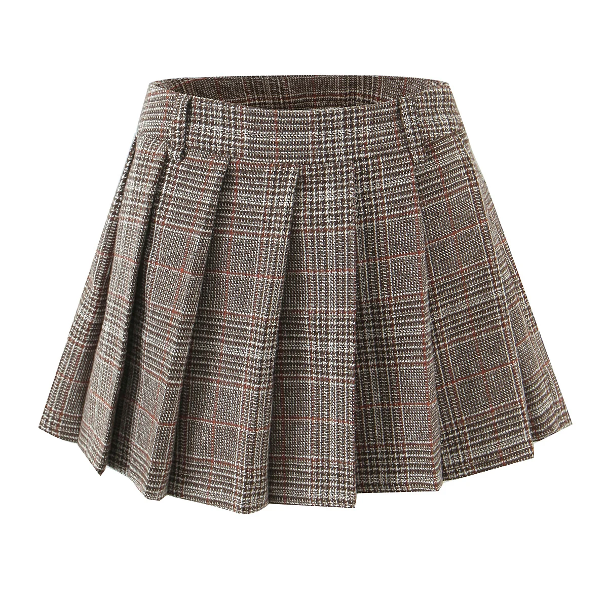 Women Side Zipper Waist Plaid Tweed Mini Pleated Skirt The Spice Girls Ruched Hem A-line Short Skirts with Shorts Lining