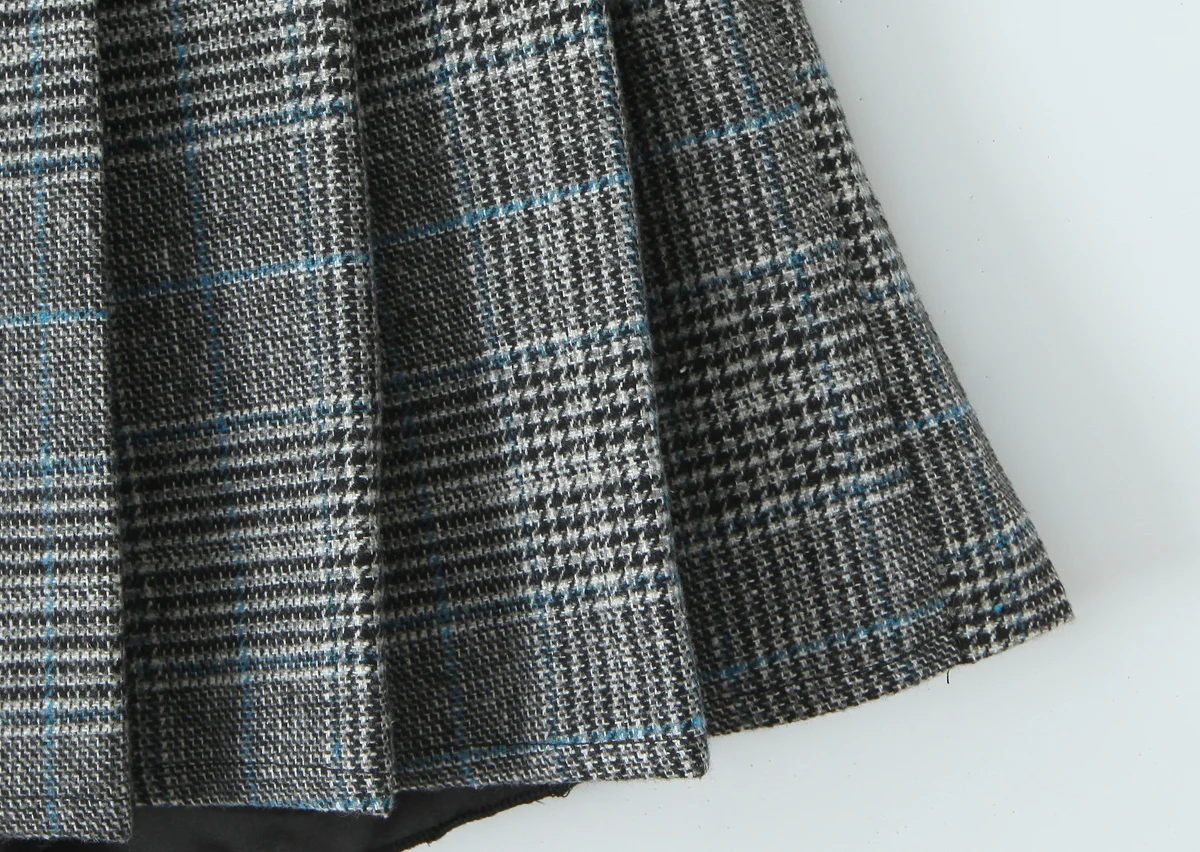Women Side Zipper Waist Plaid Tweed Mini Pleated Skirt The Spice Girls Ruched Hem A-line Short Skirts with Shorts Lining