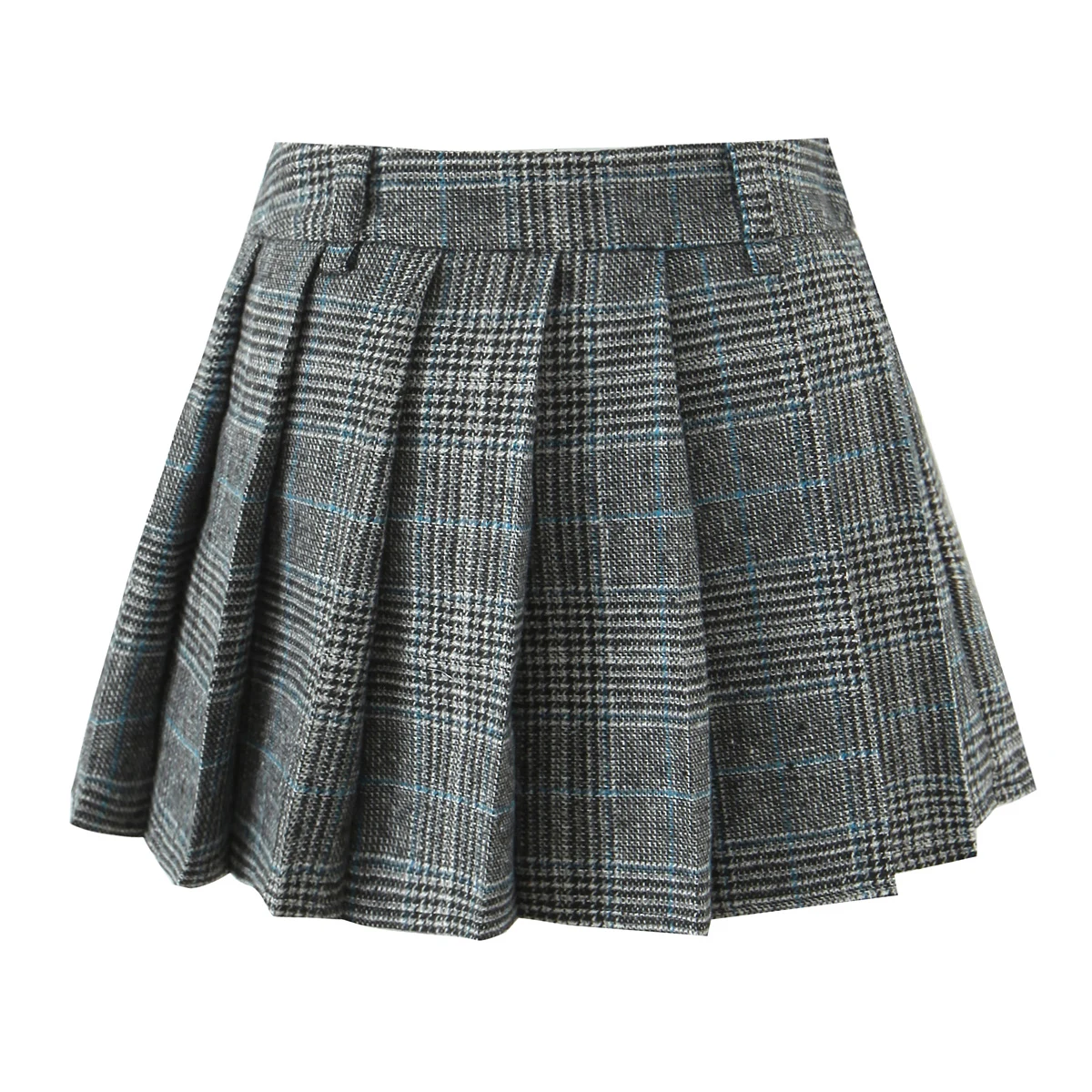 Women Side Zipper Waist Plaid Tweed Mini Pleated Skirt The Spice Girls Ruched Hem A-line Short Skirts with Shorts Lining