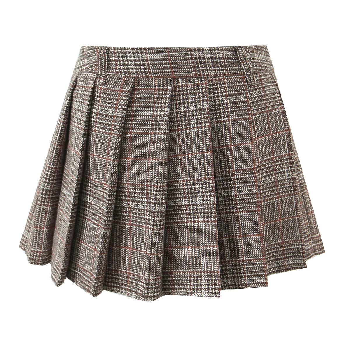 Women Side Zipper Waist Plaid Tweed Mini Pleated Skirt The Spice Girls Ruched Hem A-line Short Skirts with Shorts Lining