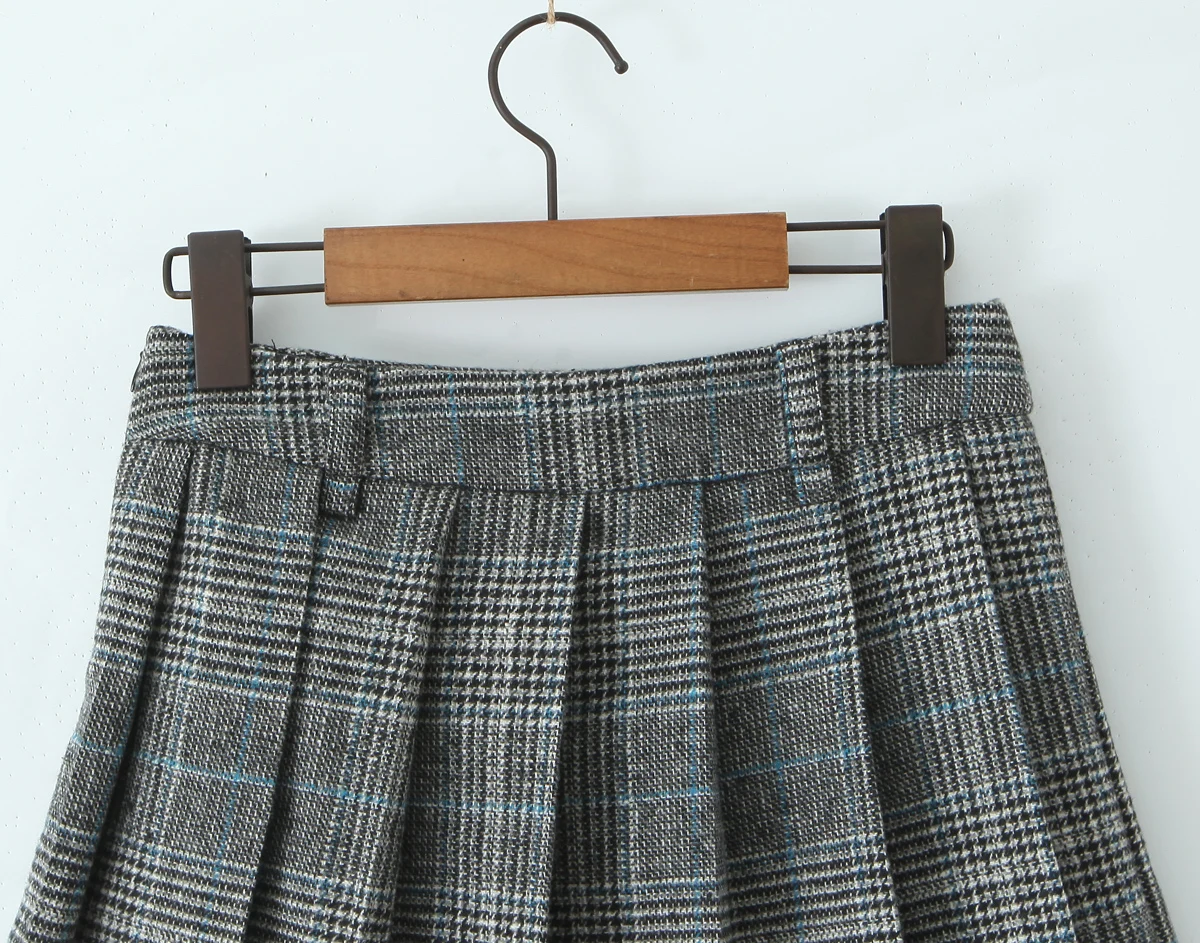 Women Side Zipper Waist Plaid Tweed Mini Pleated Skirt The Spice Girls Ruched Hem A-line Short Skirts with Shorts Lining