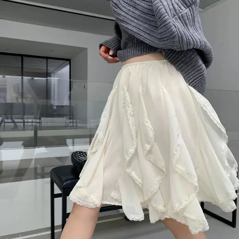 Women's Korean Style Lace Tulle Skirt Fairycore Sweet Elegant Ruffle Skirts Vintage Streetwear Irregular Layered Skirts