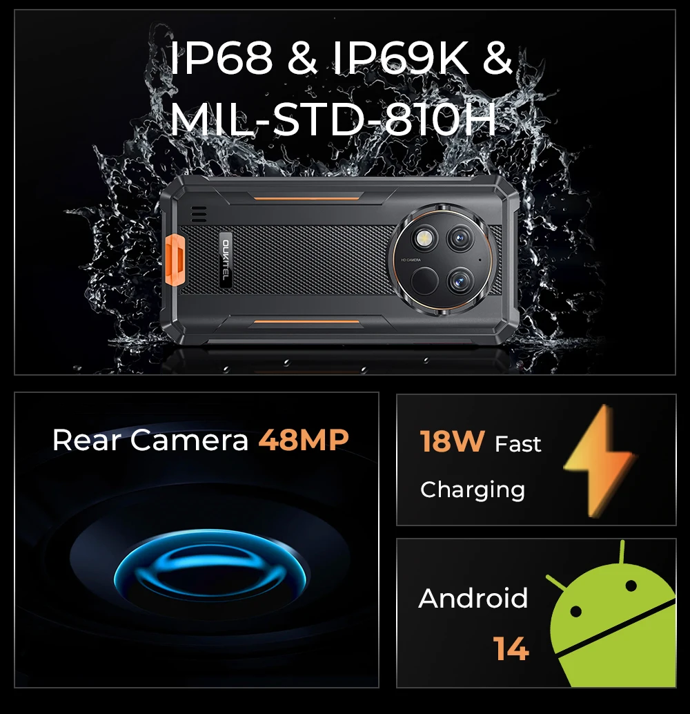 OUKITEL G1 Rugged Phone - 10600mAh, 24(6+18)GB+256GB, 6.52" Display, IP68 Waterproof, NFC Smartphone, Android 14,48MP Camera