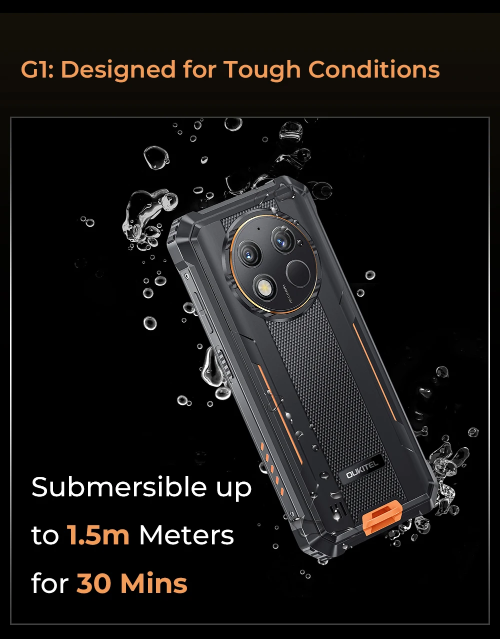 OUKITEL G1 Rugged Phone - 10600mAh, 24(6+18)GB+256GB, 6.52" Display, IP68 Waterproof, NFC Smartphone, Android 14,48MP Camera