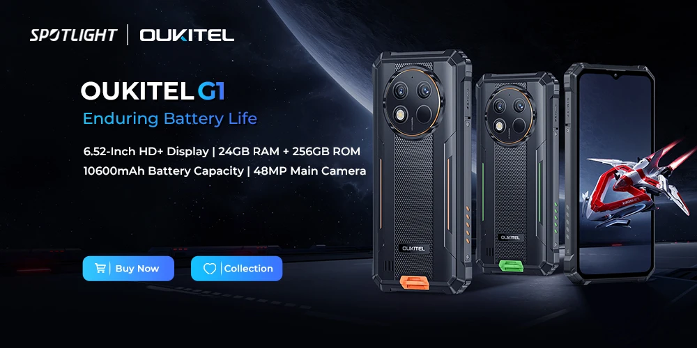 OUKITEL G1 Rugged Phone - 10600mAh, 24(6+18)GB+256GB, 6.52" Display, IP68 Waterproof, NFC Smartphone, Android 14,48MP Camera