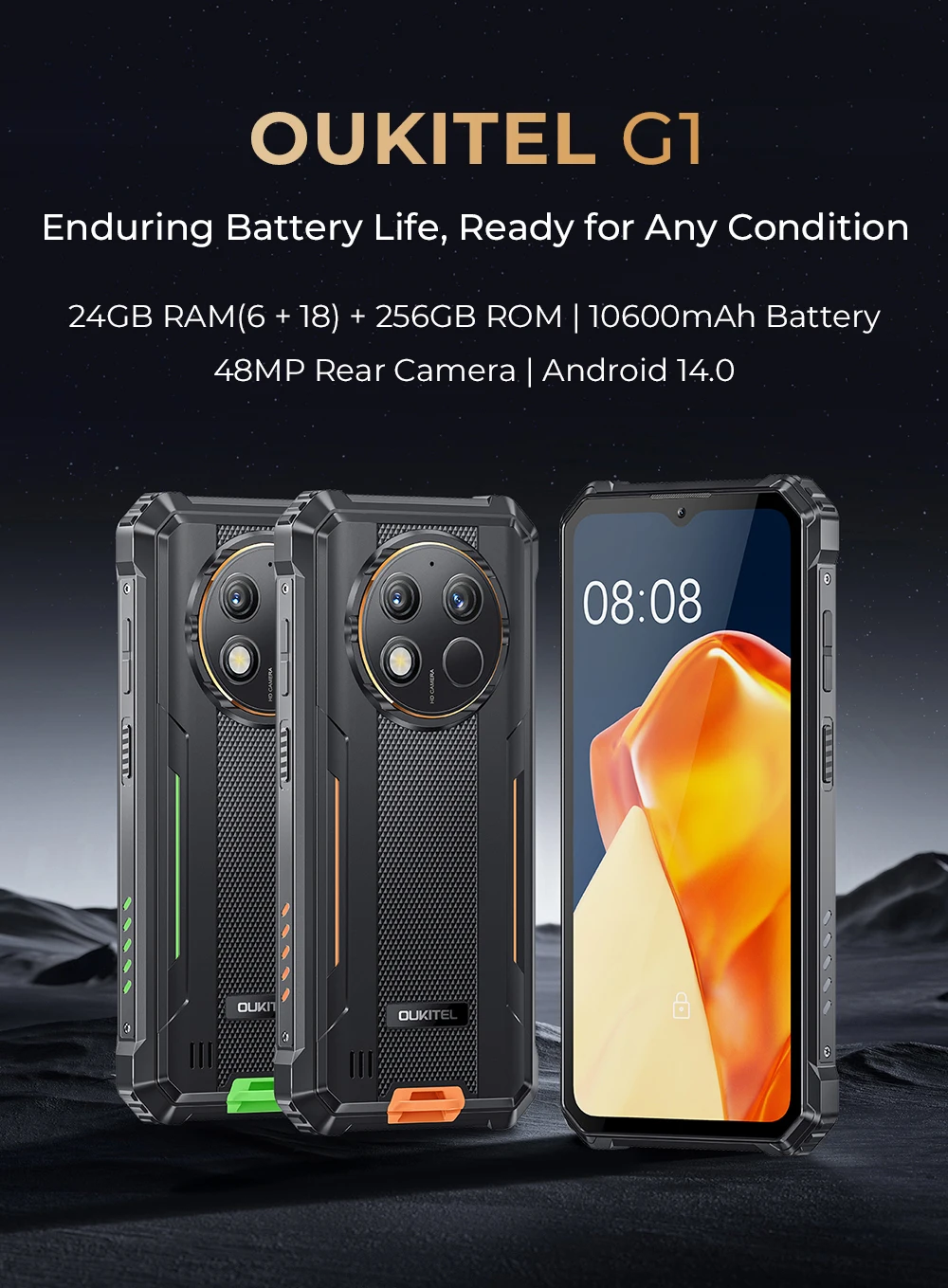 OUKITEL G1 Rugged Phone - 10600mAh, 24(6+18)GB+256GB, 6.52" Display, IP68 Waterproof, NFC Smartphone, Android 14,48MP Camera