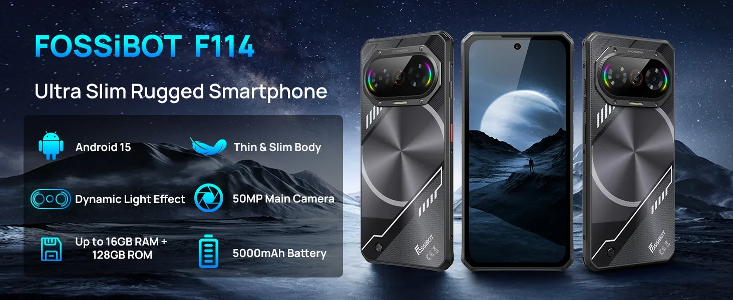 Fossibot F114 Ultra‑thin Rugged Smartphone, Android 15, 16GB(4+12GB Expand) RAM 128GB ROM, 6.67" HD+ Display, 5000mAh Battery 18W Charging, 50MP+8MP+2MP Camera