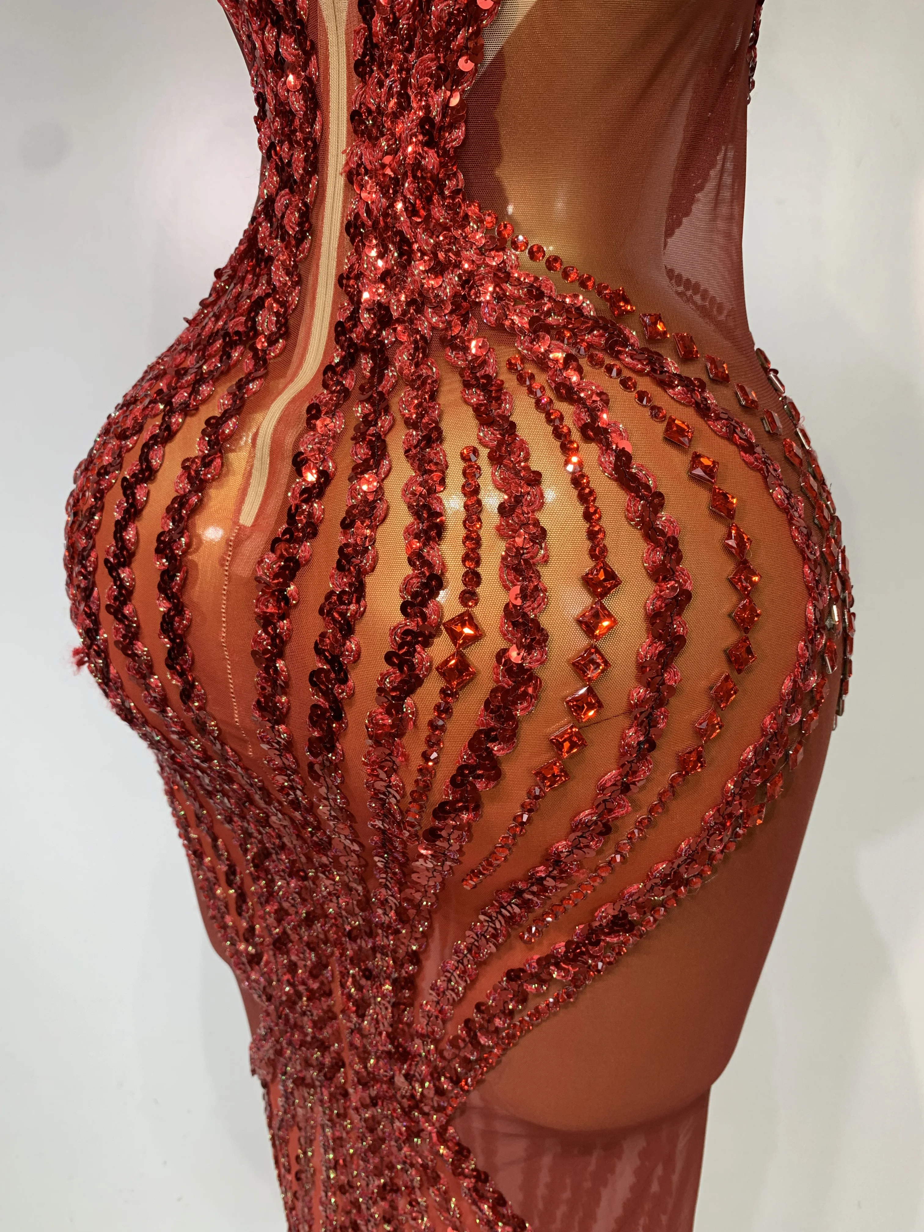 Women Sexy Evening Party Gowns Red Diamond Sequin See Through Mesh Stretch Maxi Long Dress Celebrity Elegant Singer Stage Outfit