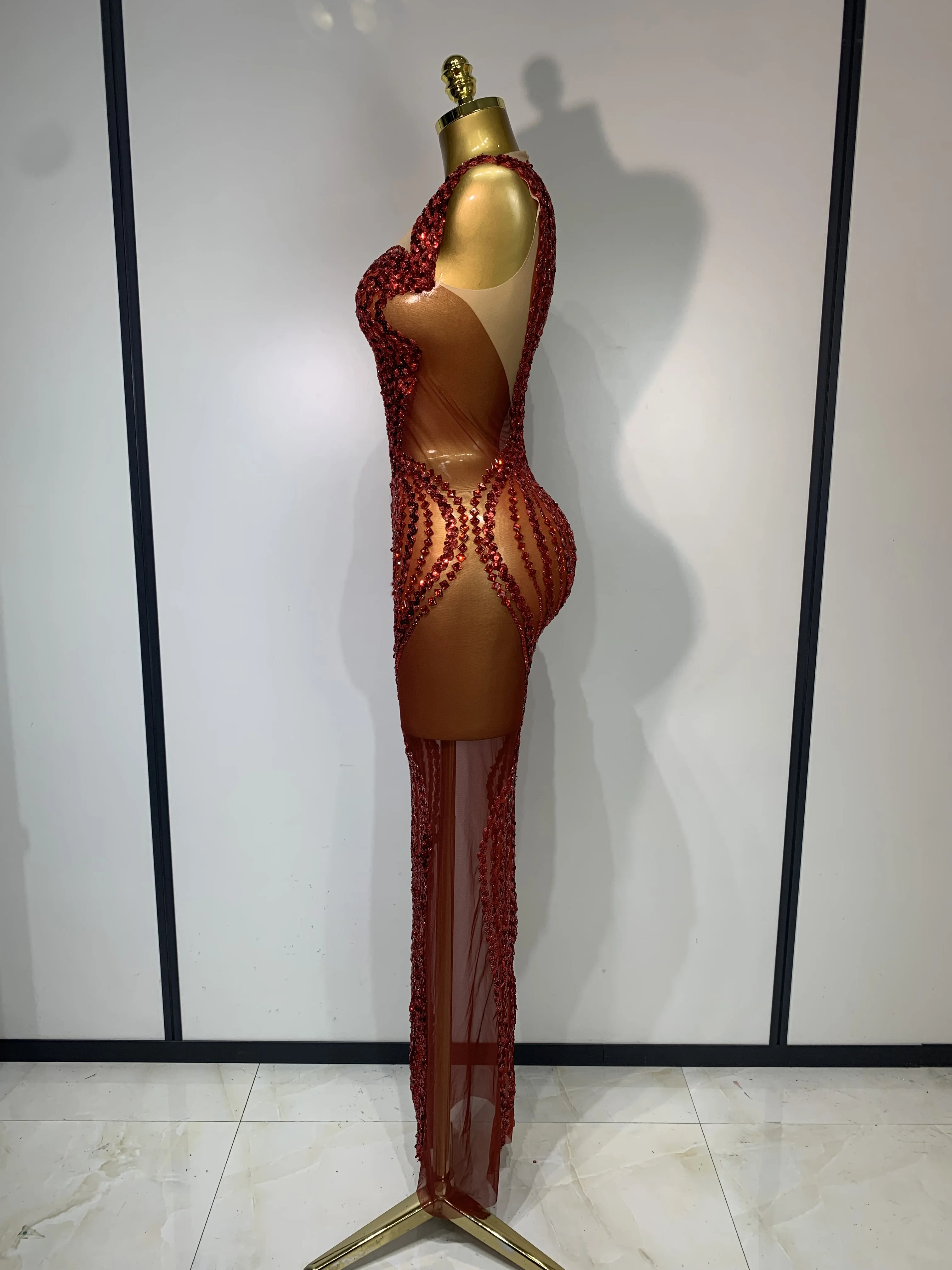 Women Sexy Evening Party Gowns Red Diamond Sequin See Through Mesh Stretch Maxi Long Dress Celebrity Elegant Singer Stage Outfit
