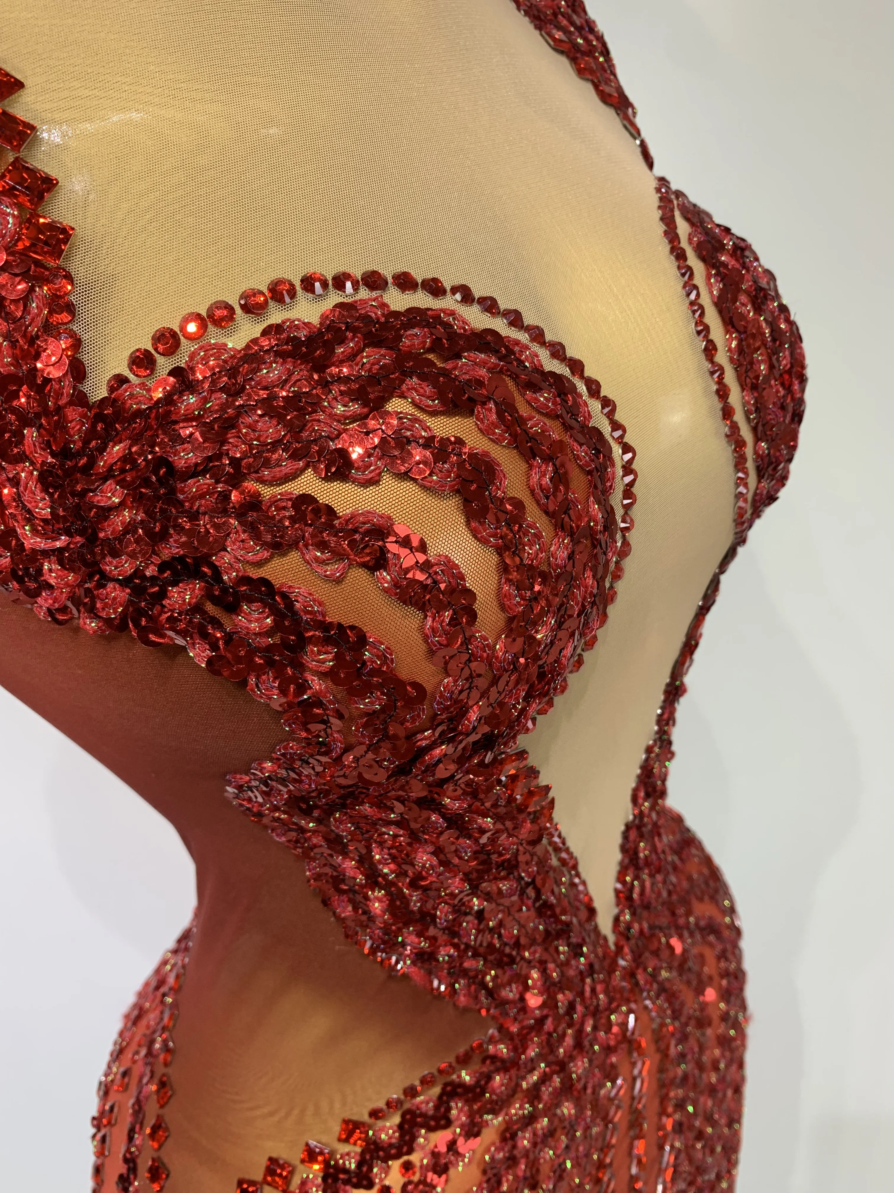 Women Sexy Evening Party Gowns Red Diamond Sequin See Through Mesh Stretch Maxi Long Dress Celebrity Elegant Singer Stage Outfit