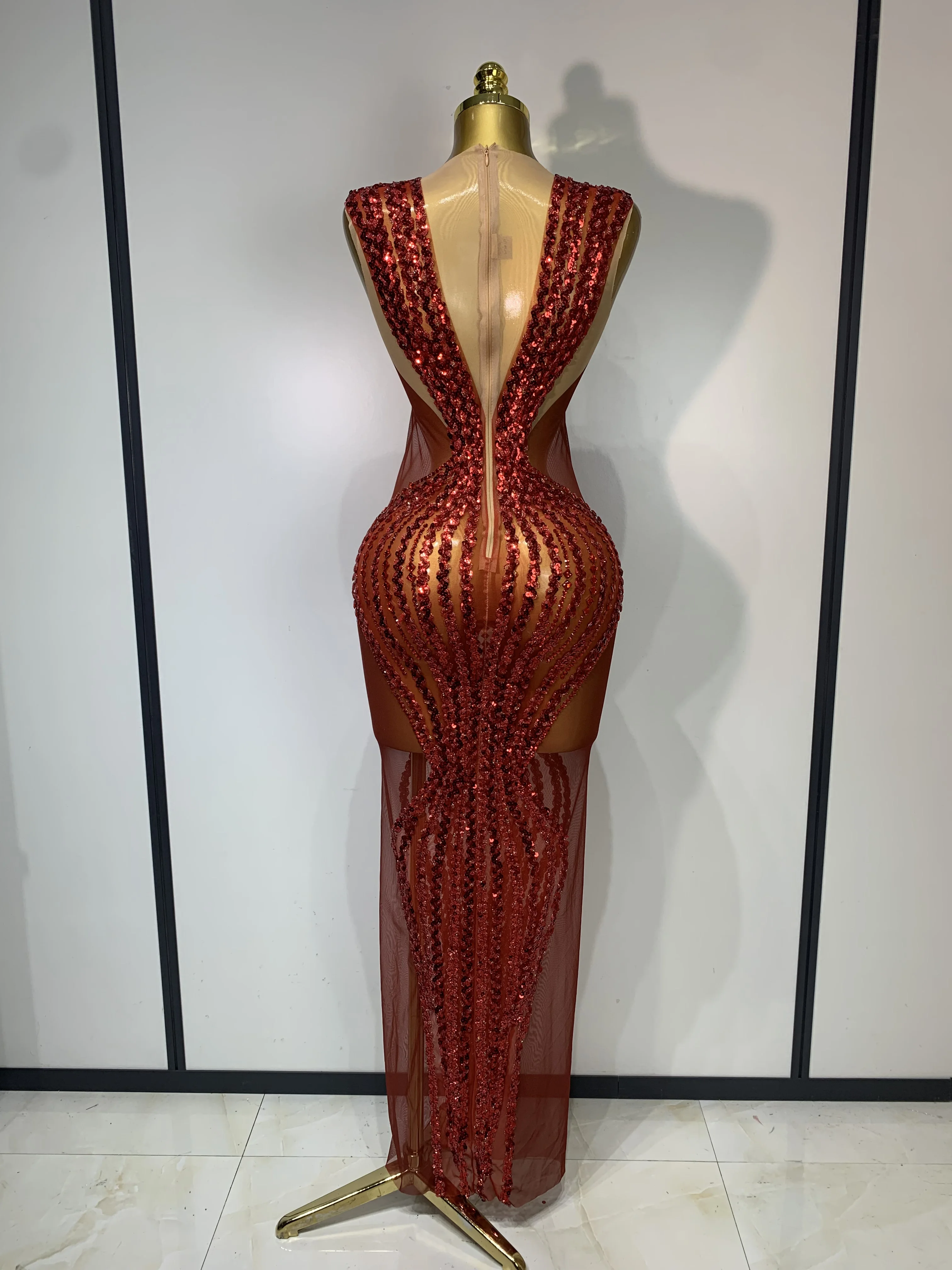 Women Sexy Evening Party Gowns Red Diamond Sequin See Through Mesh Stretch Maxi Long Dress Celebrity Elegant Singer Stage Outfit