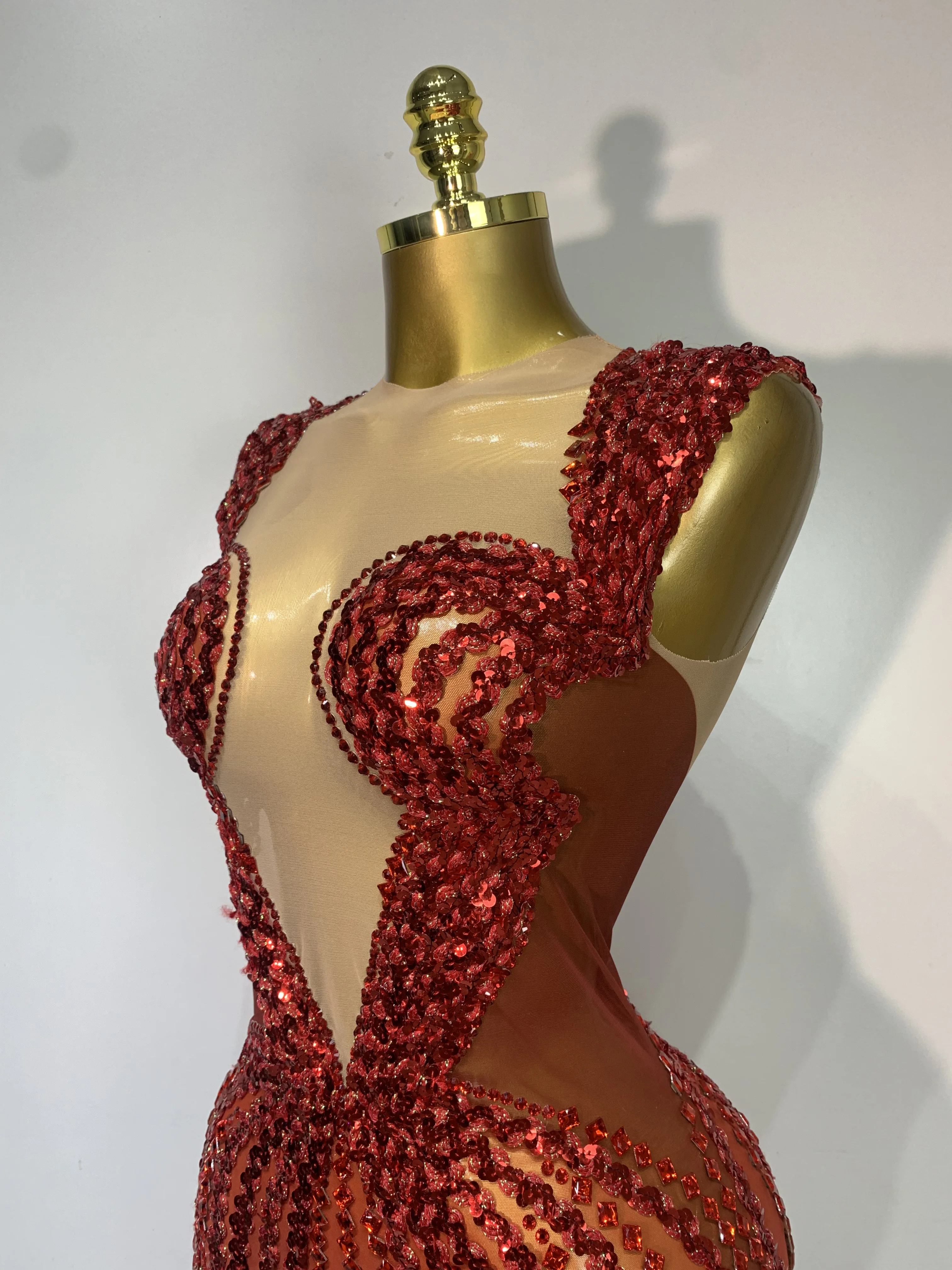Women Sexy Evening Party Gowns Red Diamond Sequin See Through Mesh Stretch Maxi Long Dress Celebrity Elegant Singer Stage Outfit