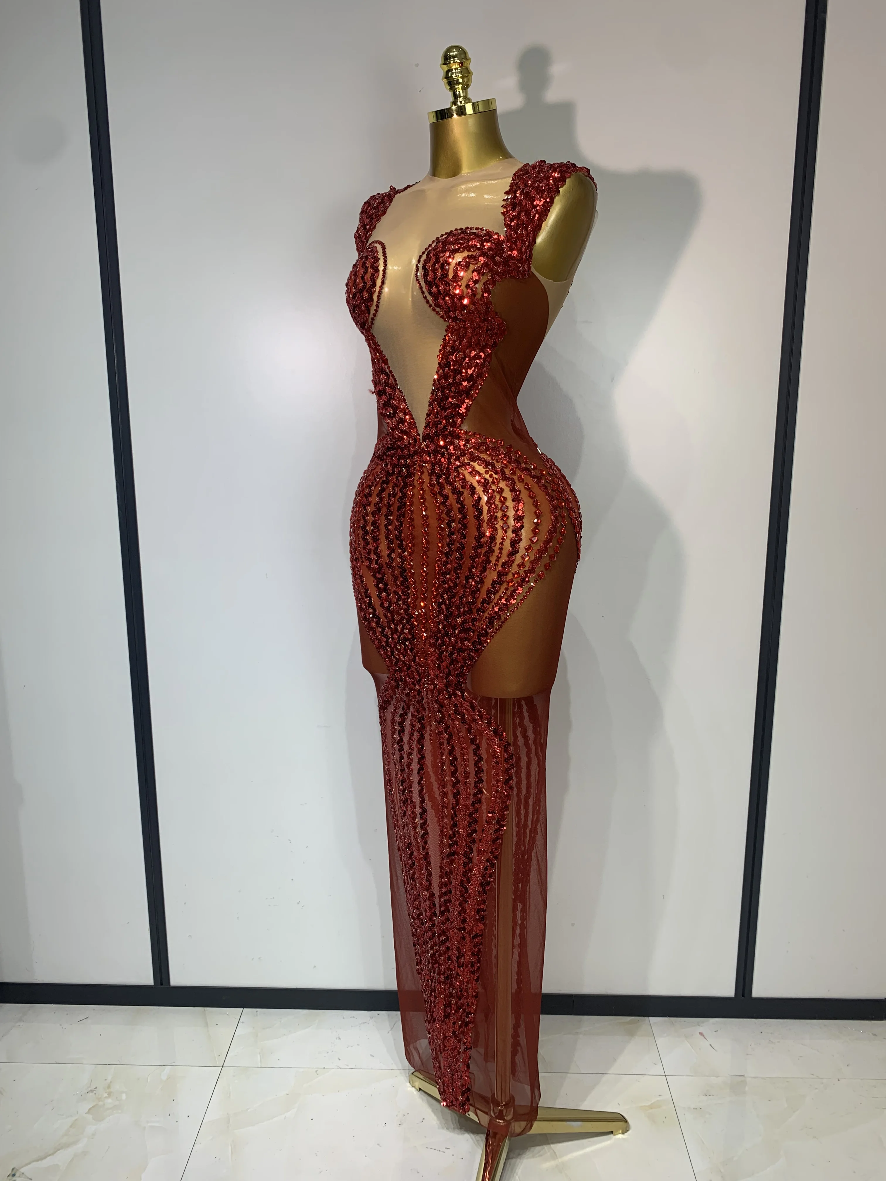Women Sexy Evening Party Gowns Red Diamond Sequin See Through Mesh Stretch Maxi Long Dress Celebrity Elegant Singer Stage Outfit