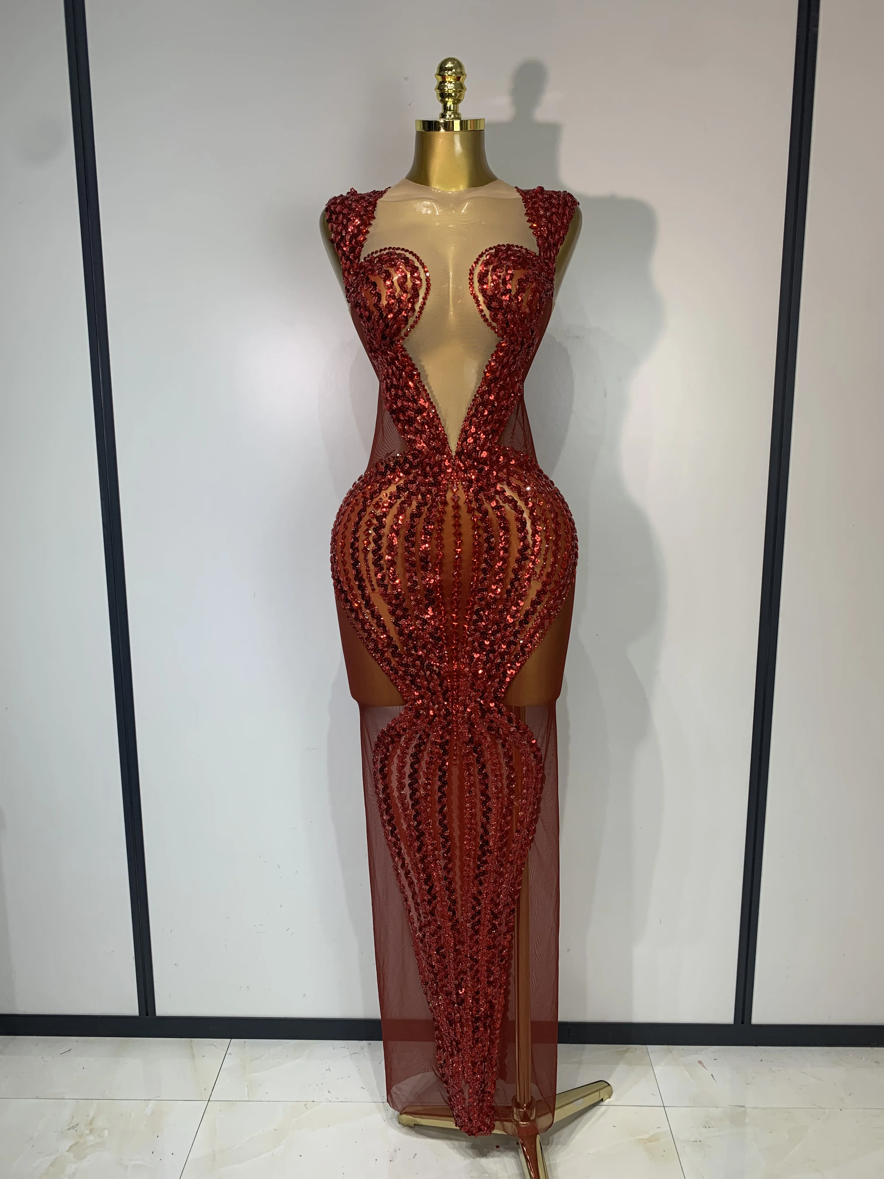 Women Sexy Evening Party Gowns Red Diamond Sequin See Through Mesh Stretch Maxi Long Dress Celebrity Elegant Singer Stage Outfit