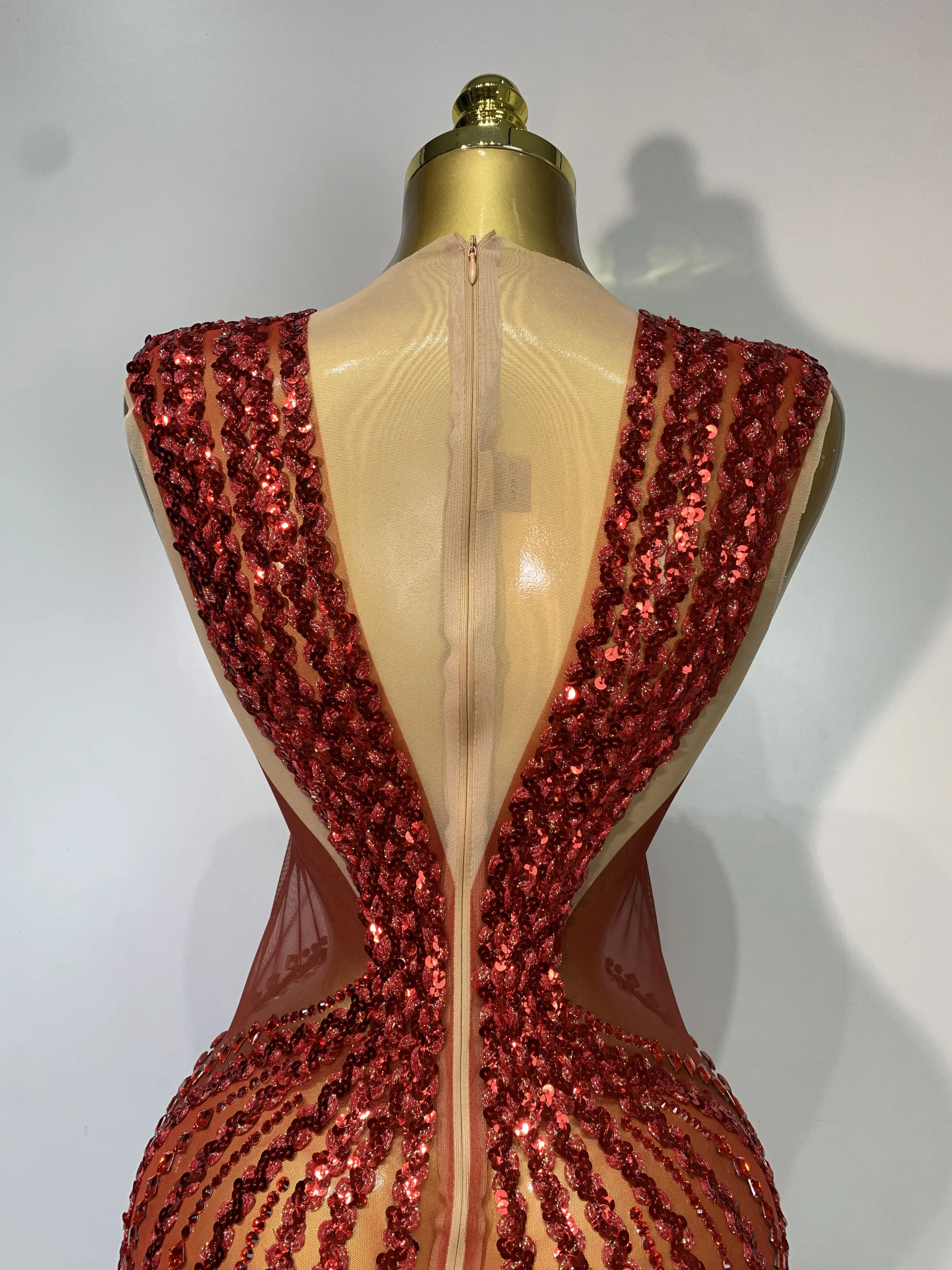 Women Sexy Evening Party Gowns Red Diamond Sequin See Through Mesh Stretch Maxi Long Dress Celebrity Elegant Singer Stage Outfit