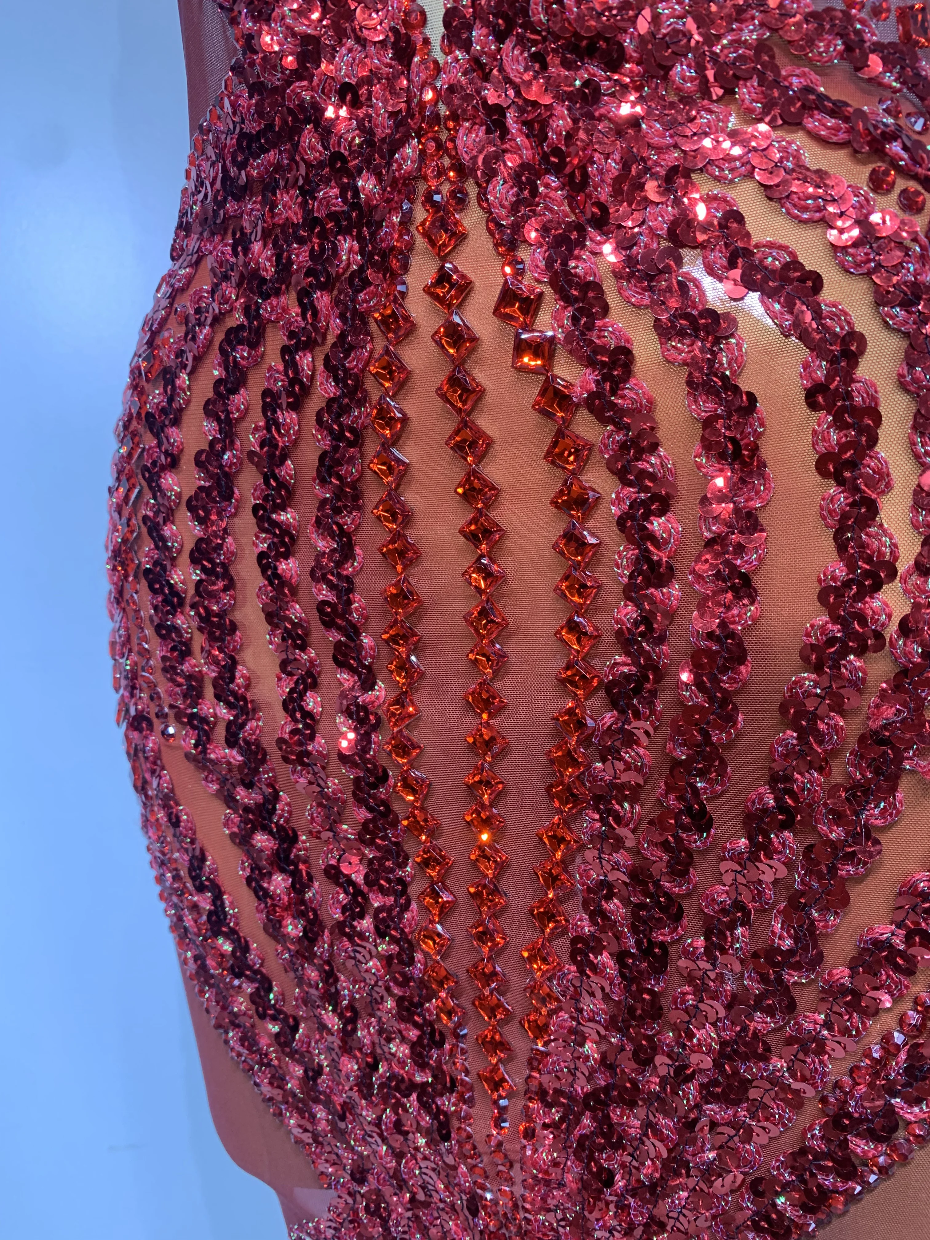 Women Sexy Evening Party Gowns Red Diamond Sequin See Through Mesh Stretch Maxi Long Dress Celebrity Elegant Singer Stage Outfit