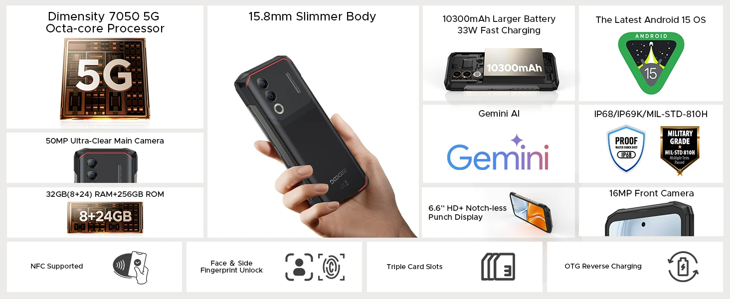 DOOGEE Blade20 Turbo 5G Rugged Phone 32GB 256GB 6.6'' HD+ Dimensity 7050 Android 15 Gemini Al 10300mAh Battery NFC Smartphone
