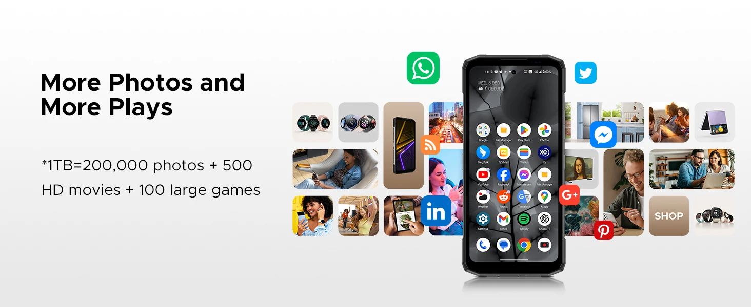 DOOGEE Blade20 Plus Rugged Phone 48GB+1TB 6.6" 120Hz Display 11800mAh Large Battery Helio G100 64MP Camera NFC Gemini AI NFC Android 16 Smartphone