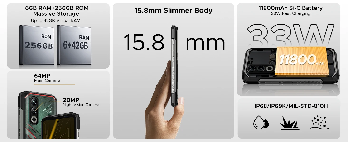 DOOGEE Blade20 Plus Rugged Phone 48GB+1TB 6.6" 120Hz Display 11800mAh Large Battery Helio G100 64MP Camera NFC Gemini AI NFC Android 16 Smartphone