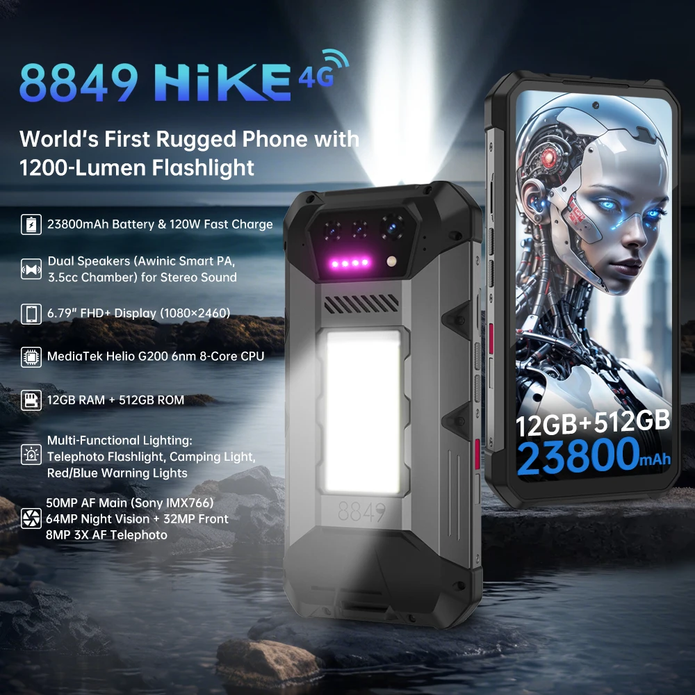 8849 Hike Unihertz Rugged Smartphone 23800mAh 1200Lumens Flashlight 24GB+512GB Expandable 2TB Android14 Two SIM 6.78'' 120Hz