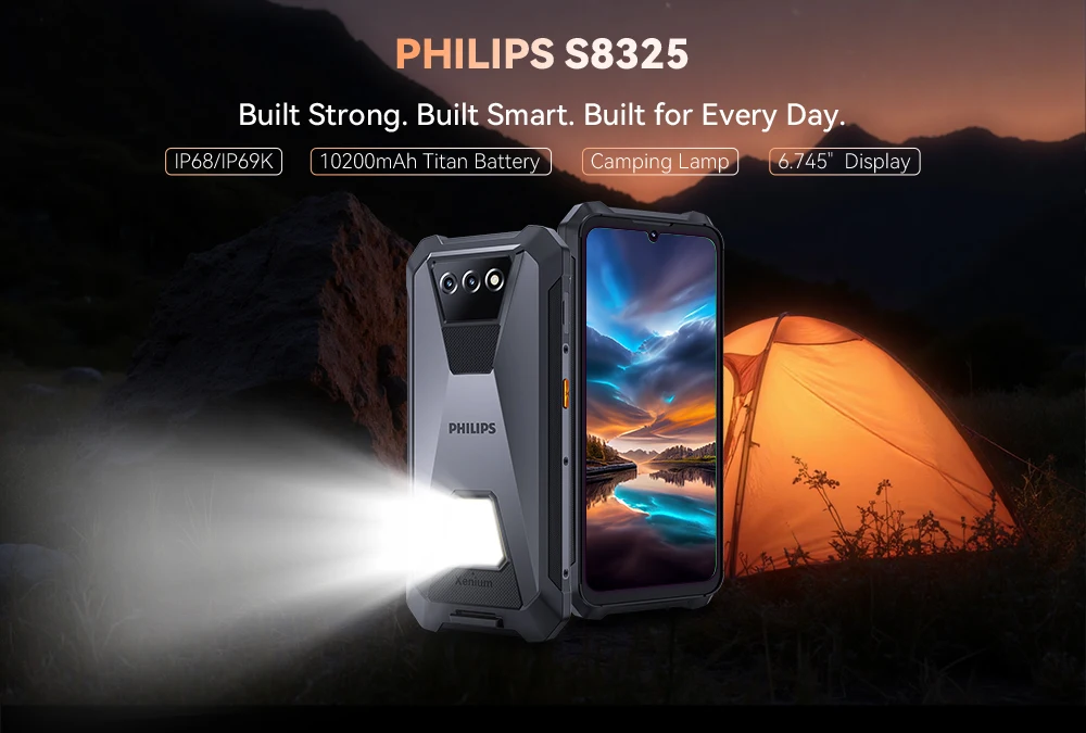 PHILIPS S8325 Rugged Smartphone Dual Sim 12(6+6)GB 256GB 6.745" 48MP NFC 10200mAh Android 16 Camping Lamp Waterproof Global