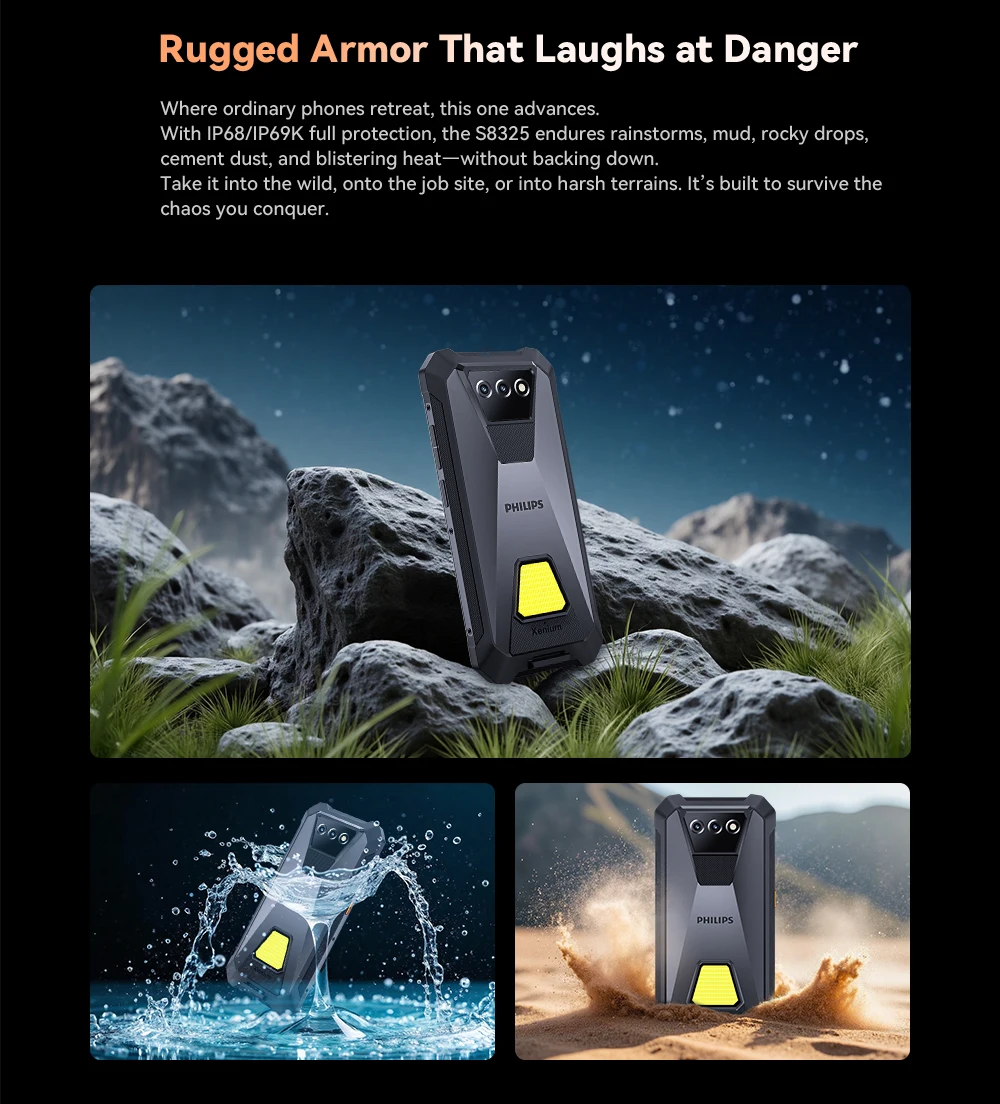 PHILIPS S8325 Rugged Smartphone Dual Sim 12(6+6)GB 256GB 6.745" 48MP NFC 10200mAh Android 16 Camping Lamp Waterproof Global