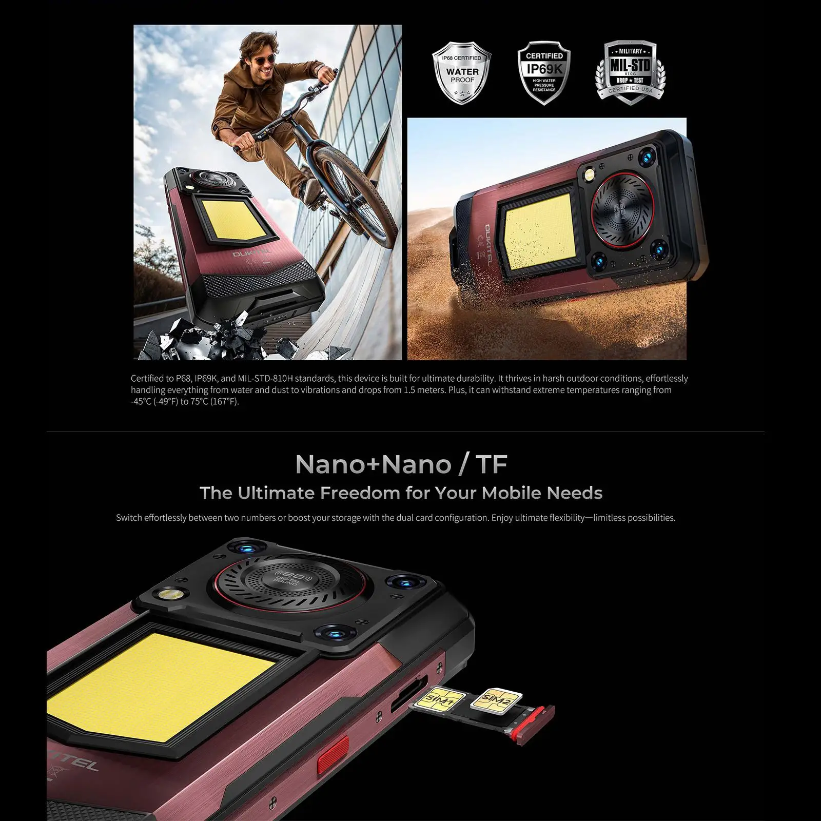 OUKITEL WP56 Rugged Phone 12GB+512GB 6.8“FHD 120Hz 16000mAh 45W 108MP Camera Android 15 Dimensity 7050 NFC 5G Smartphone