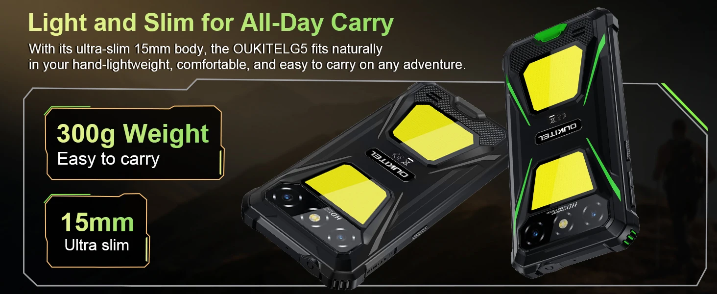 OUKITEL G5 Rugged Smartphone Unlocked 2025-16GB+128GB/TF 1TB Cell Phone, 900LM Dual Camping Lights, 6'' Display, 6300mAh Battery