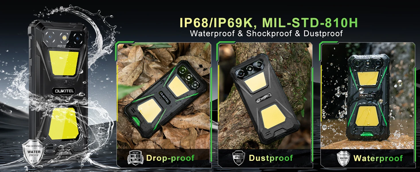 OUKITEL G5 Rugged Smartphone Unlocked 2025-16GB+128GB/TF 1TB Cell Phone, 900LM Dual Camping Lights, 6'' Display, 6300mAh Battery