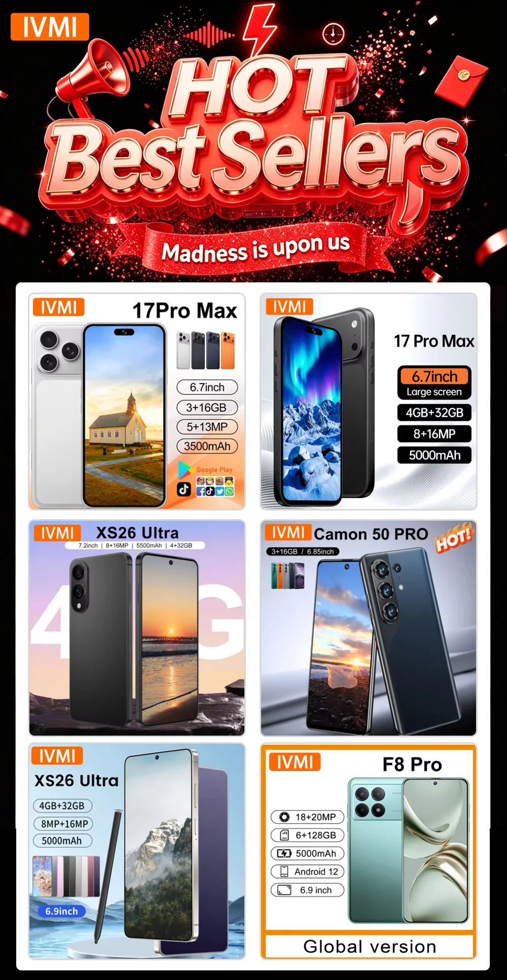 New IVMI 17PROMAX Birkenred unlocked mobile phone 6.7-inch 3GB+16GB memory dual-camera Android phone Google Play Bluetooth WiFi