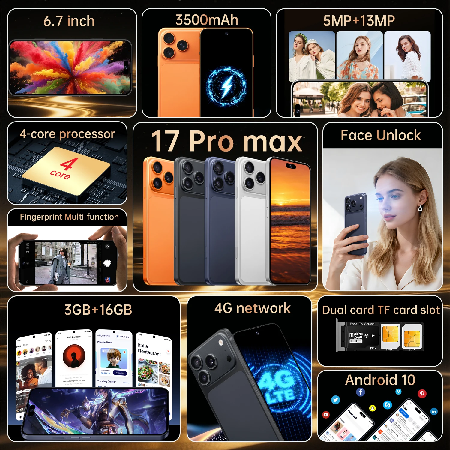 New IVMI 17PROMAX Birkenred unlocked mobile phone 6.7-inch 3GB+16GB memory dual-camera Android phone Google Play Bluetooth WiFi