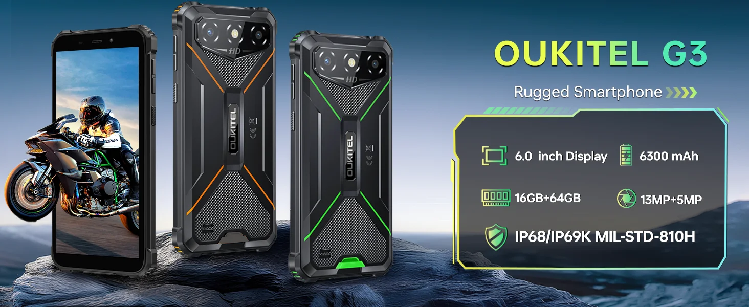 OUKITEL G3 Rugged Smartphone Unlocked -16GB+64GB/1TB TF 6” HD Display IP68/IP69K Rugged Android Phone,6300mAh Large Battery, 13MP Main Camera + 5MP Front Camera, Face ID, Dual SIM, 3.5mm Headphone Jack, Outdoor Industrial Unlocked Mobile Phone