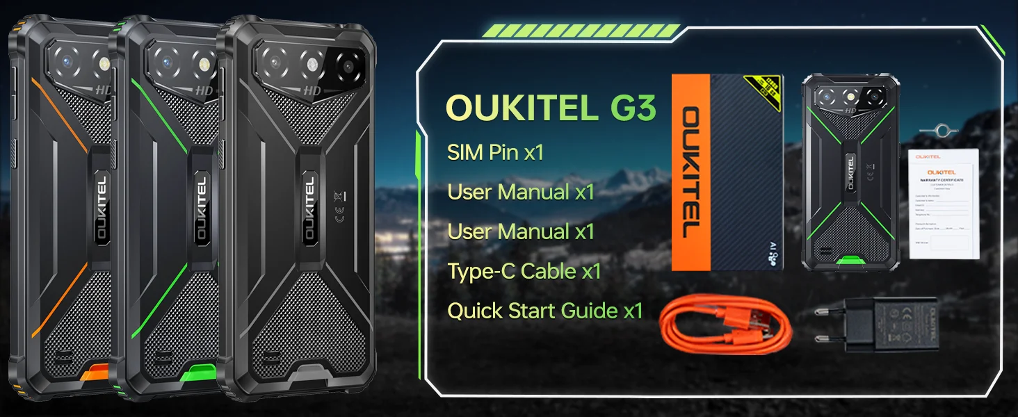 OUKITEL G3 Rugged Smartphone Unlocked -16GB+64GB/1TB TF 6” HD Display IP68/IP69K Rugged Android Phone,6300mAh Large Battery, 13MP Main Camera + 5MP Front Camera, Face ID, Dual SIM, 3.5mm Headphone Jack, Outdoor Industrial Unlocked Mobile Phone
