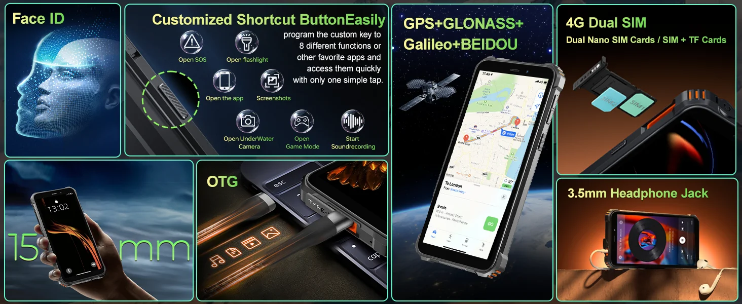 OUKITEL G3 Rugged Smartphone Unlocked -16GB+64GB/1TB TF 6” HD Display IP68/IP69K Rugged Android Phone,6300mAh Large Battery, 13MP Main Camera + 5MP Front Camera, Face ID, Dual SIM, 3.5mm Headphone Jack, Outdoor Industrial Unlocked Mobile Phone
