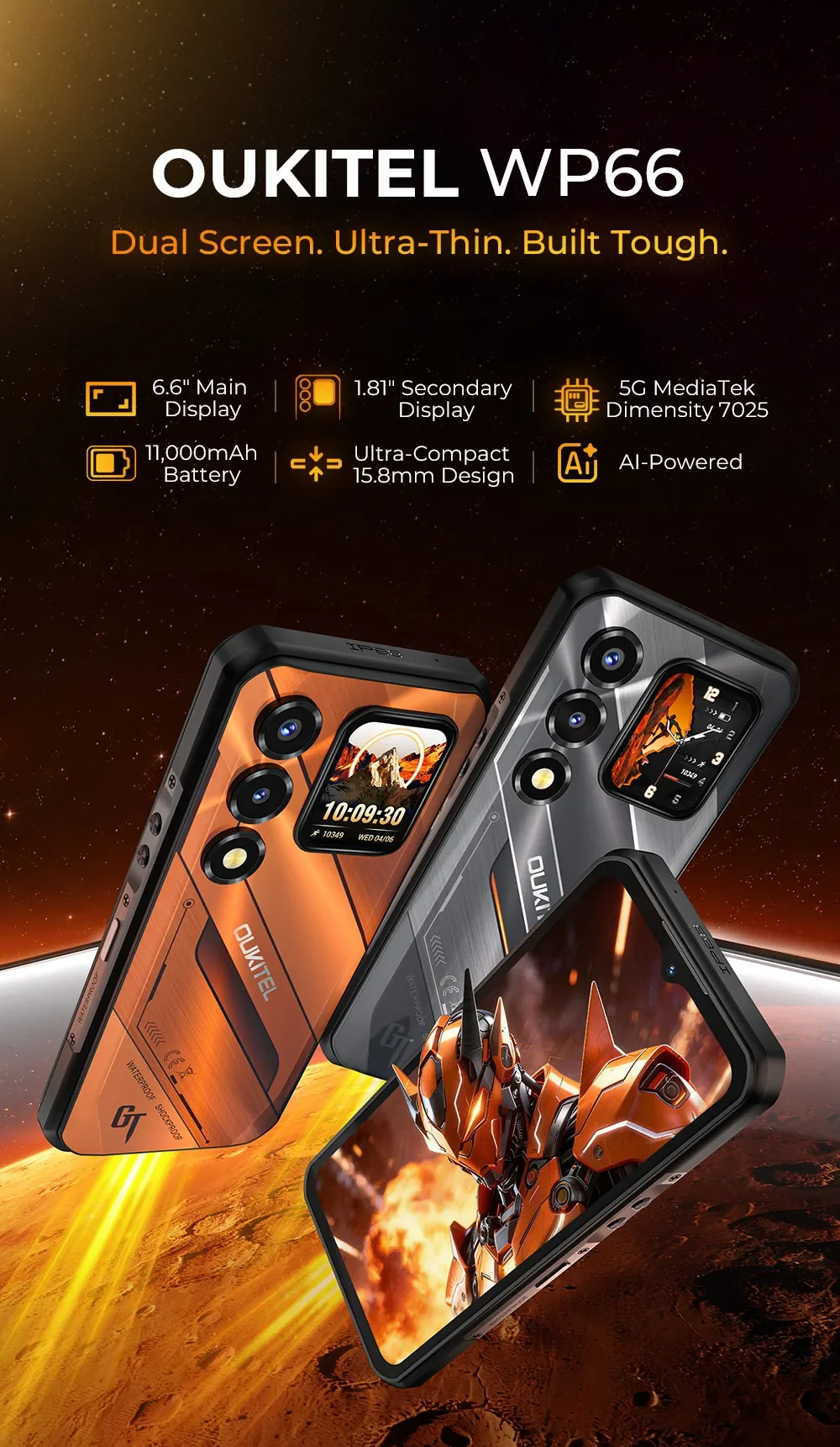 Oukitel WP66 Ultra-slim Rugged Smartphone, 36GB(12+24) RAM+512GB ROM, Dual Screen with Auxiliary Secondary Display, Dimensity 7000 5G Chipset, 6.6" FHD+ 120Hz Screen, 11000mAh Big Battery, 100MP Main Camera, 33W Fast Charging